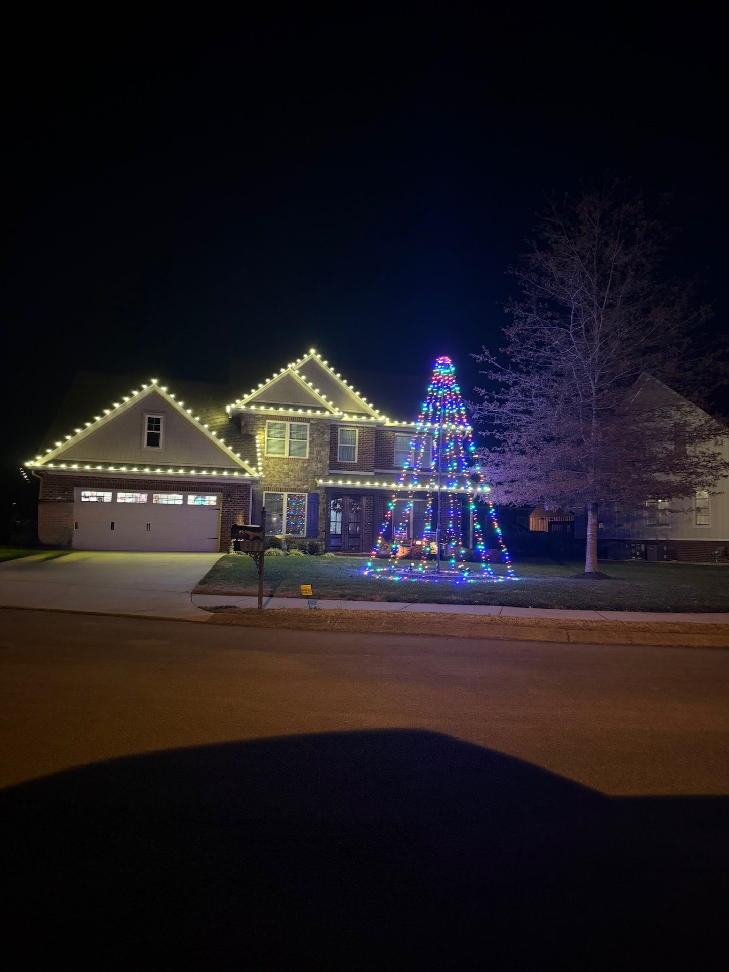 Home with warm white C9 roofline lighting beside a tall multicolor mega tree light display in the front yard at night
